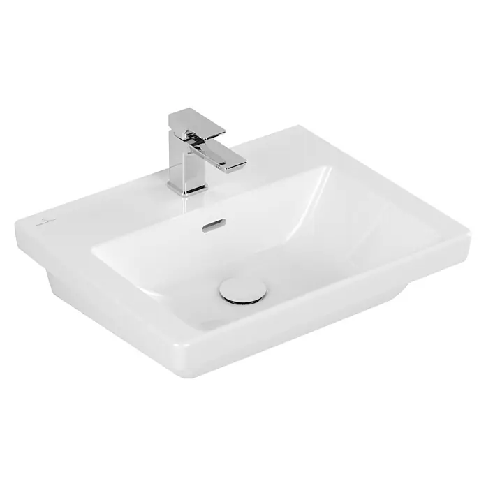 Villeroy & Boch Subway 3.0 Waschtisch - 55 x 44 cm, Mit schmutzabweisender Glasur, Hahnloch: Mitte, Mit Überlauf, Weiß Alpin, Waschbecken geeignet für: Halbsäule, Ungeschliffen - Weißes Keramik-Waschbecken mit integrierter Chromarmatur, Überlaufschlitz und weißem Pop-up-Ablaufdeckel.