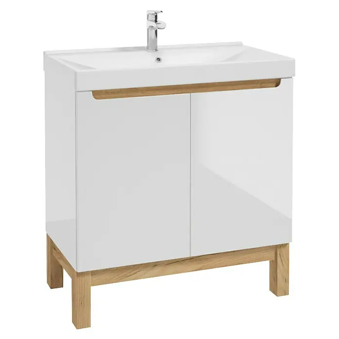 Badmöbel-Set Space System - 81 cm, Weiß/Eiche, Glänzend, Mit Türen - Eleganter Waschtischunterschrank in Weiß mit Holzdetails für ein stilvolles Badezimmerambiente. Praktisch und modern.