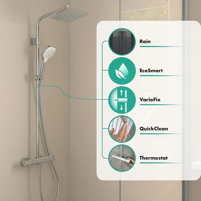 Hansgrohe Duschsystem Moventa E 230 - Anzahl Strahlarten: 1 Stk., Chrom - Duschsystem mit Kopf- und Handbrause, inklusive Rain-, EcoSmart-, VarioFix-, QuickClean- und Thermostat-Funktionen für ein optimales Duscherlebnis.