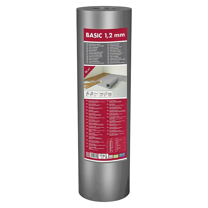Dämmunterlage Basic - 25 m², Stärke: 1,2 mm - Abbildung einer Rolle Selit Basic 1,2 mm Bodenbelagunterlage, ideal für Laminat- und Parkettböden, bietet Schallschutz und Komfort.