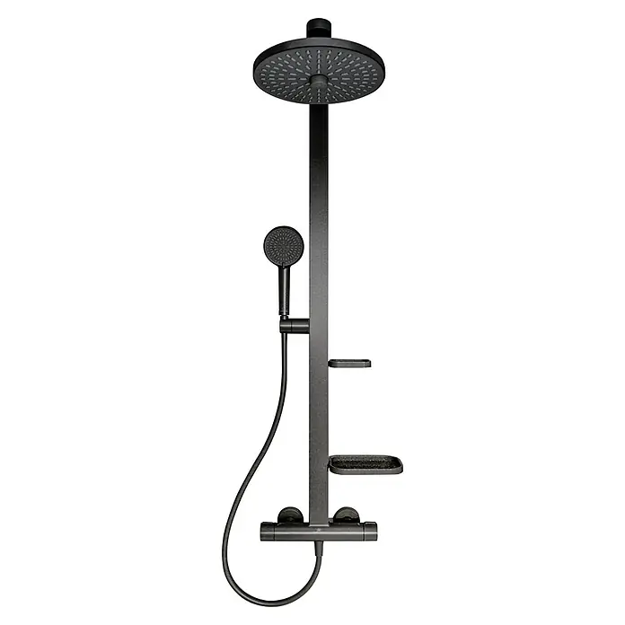 Ideal Standard Überkopfbrausen-Set Alu+ - Schwarz, Durchmesser Kopfbrause: 26 cm - Duschsäule in Schwarz mit Kopf- und Handbrause sowie Ablageflächen. Das moderne Design macht sie zu einem Blickfang im Bad.