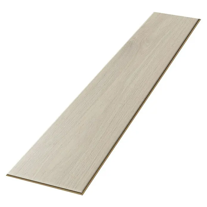 Egger Laminat NatureSense - Elton Eiche weiss, Landhausdiele, 1.292 x 193 x 8 mm - Ein einzelnes, helles Laminatbrett, das seine Holzmaserung und die präzise Verarbeitung zeigt, ideal für moderne Innenräume.