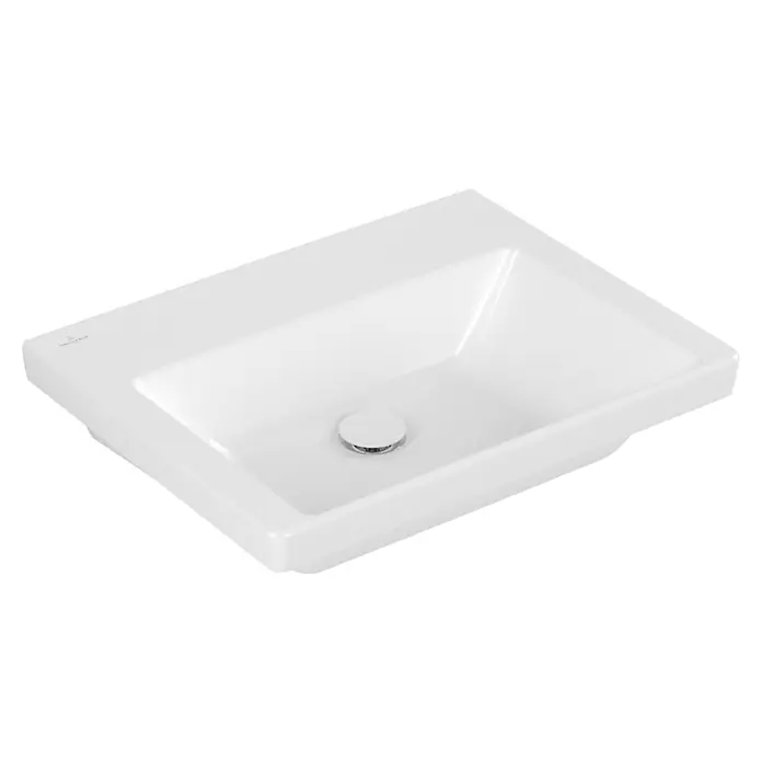 Villeroy & Boch Subway 3.0 Waschtisch - 60 x 47 cm, Mit schmutzabweisender Glasur, Hahnloch: Ohne, Ohne Überlauf, Weiß Alpin, Ungeschliffen, Waschbecken geeignet für: Halbsäule - Weißes, rechteckiges Keramik-Waschbecken mit integrierter Schale und modernem Ablaufstopfen.