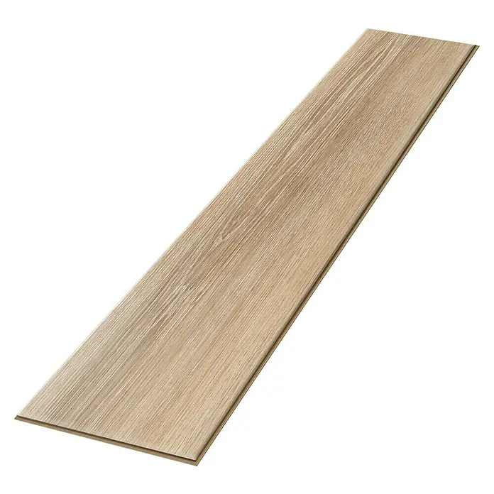Egger Laminat NatureSense - Newport Eiche hellbraun, Landhausdiele, 1.292 x 193 x 7 mm - Nahaufnahme einer einzelnen Diele aus hellem Laminatboden mit Holzmaserung, ideal für modernes Innendesign.