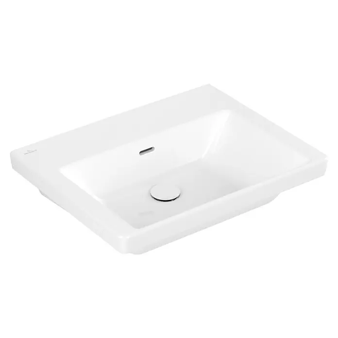 Villeroy & Boch Subway 3.0 Waschtisch - 62,5 x 55,2 cm, Mit schmutzabweisender Glasur, Hahnloch: Ohne, Mit Überlauf, Stone White, Waschbecken geeignet für: Halbsäule, Ungeschliffen - Weißes, rechteckiges Keramik-Waschbecken mit integriertem Überlaufschlitz und zentralem Ablauf mit weißer Abdeckung.
