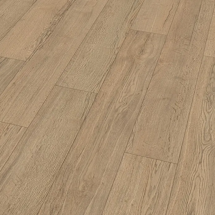 Egger Laminat NatureSense - Elva Eiche natur, Landhausdiele, 1.292 x 193 x 8 mm - Nahaufnahme von hellbraunem Laminatboden mit Holzmaserung. Ideal für moderne Innenräume, robust und pflegeleicht.