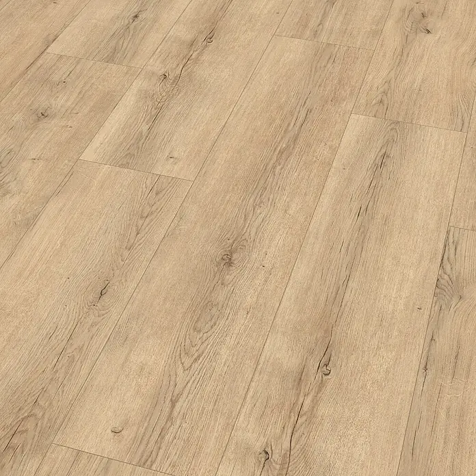 Egger Laminat NatureSense - Carlin Eiche sand, Landhausdiele, 1.292 x 246 x 8 mm - Nahaufnahme von hellem Holzlaminat mit natürlicher Maserung. Das Laminat strahlt Wärme und Eleganz für jeden Innenraum aus.