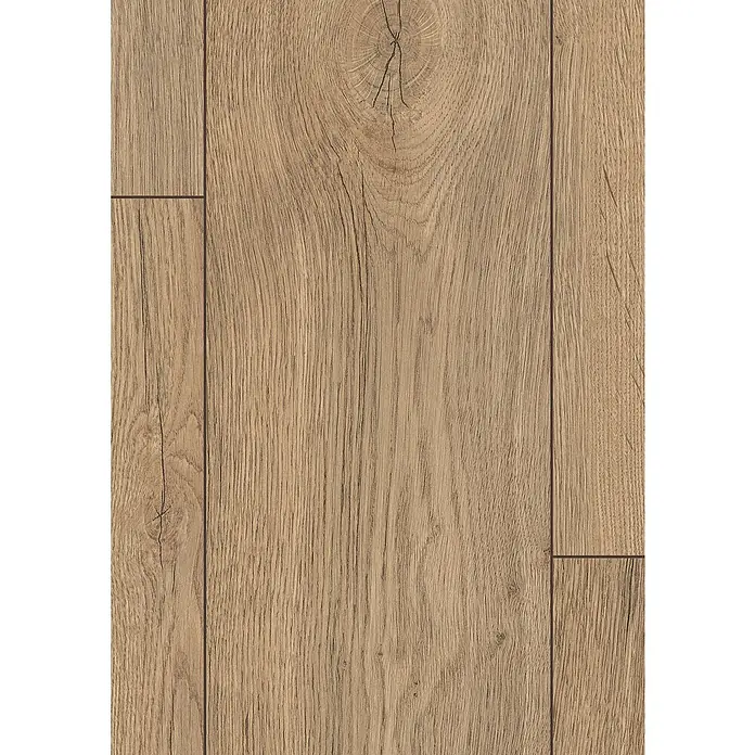 Egger Laminat NatureSense - Elva Eiche natur, Landhausdiele, 1.292 x 193 x 8 mm - Nahaufnahme von hellbraunem Laminatboden mit natürlicher Holzmaserung und Astlochmuster für ein warmes und einladendes Ambiente.
