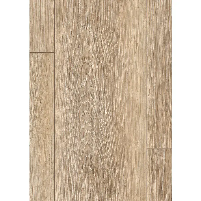 Egger Laminat NatureSense - Newport Eiche hellbraun, Landhausdiele, 1.292 x 193 x 7 mm - Nahaufnahme von hellem Laminatboden mit Holzmaserung. Das Laminat erzeugt eine warme und einladende Atmosphäre im Raum.