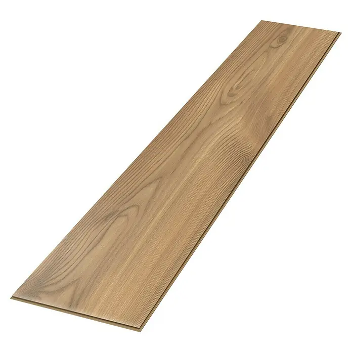 Egger Laminat NatureSense - Kanadische Fichte, Landhausdiele, 1.292 x 193 x 7 mm - Nahaufnahme eines einzelnen Holzdiele-Vinylbodens mit einem hellen, natürlichen Holzmaserungsmuster auf schwarzem Hintergrund.