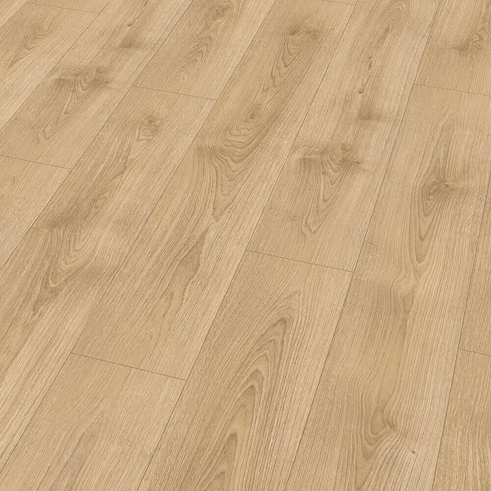 Egger Laminat NatureSense - Nord Eiche sand, Landhausdiele, 1.292 x 193 x 8 mm - Nahaufnahme eines eleganten Laminatbodens, der die natürliche Holzmaserung und die warmen Farbtöne hervorhebt.