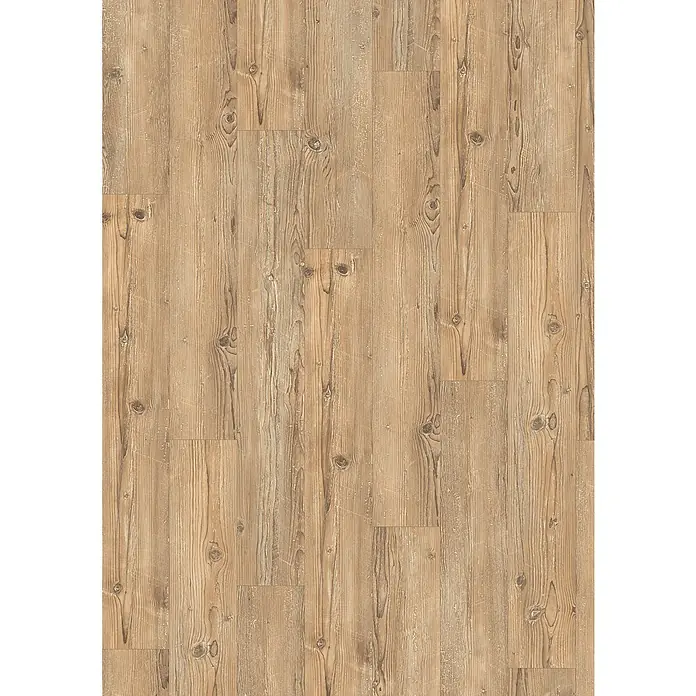 Egger Laminat NatureSense - Sonnenberg Fichte vintage, Landhausdiele, 1.292 x 193 x 8 mm - Nahaufnahme von hellem Kiefernholz-Laminatboden. Die Maserung und die Astlöcher verleihen dem Boden ein rustikales Aussehen.