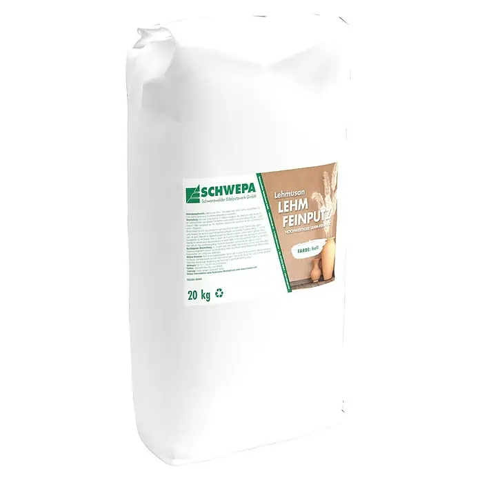 Schwepa Lehmusan Lehmputz Fein - 20 kg, Lehm, Oberputz - Weißer 20 kg Sack Lehmusan Lehmfeinputz für Bauanwendungen.