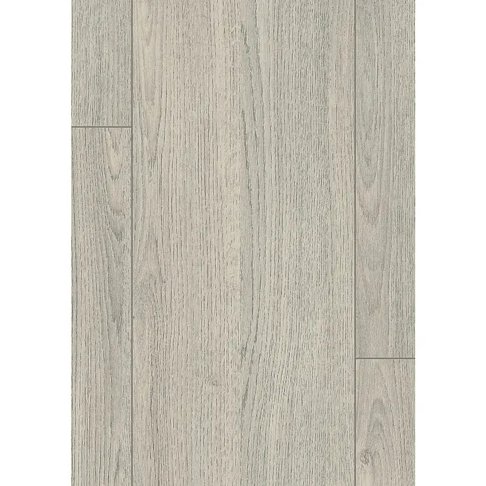 Egger Laminat NatureSense - Charlotte Eiche hellgrau, Landhausdiele, 1.292 x 193 x 7 mm - Nahaufnahme eines hellgrauen Laminatbodens, der eine moderne und helle Atmosphäre ausstrahlt.