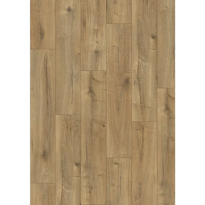 Egger Laminat NatureSense - Loja Eiche braun, Landhausdiele, 1.292 x 246 x 8 mm - Nahaufnahme eines Laminatbodens mit realistischer Holzmaserung in warmen Brauntönen, ideal für gemütliche Wohnräume.
