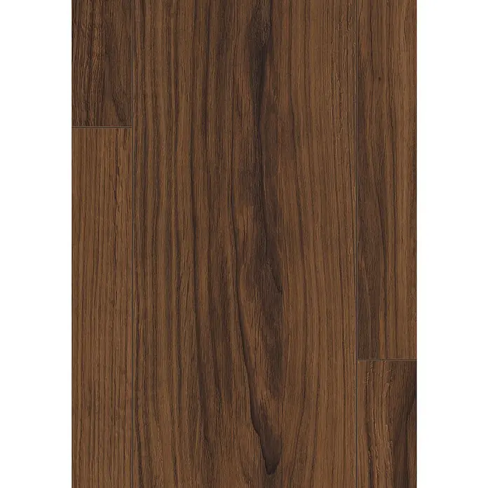 Egger Laminat NatureSense - Warmia Nussbaum braun, Landhausdiele, 1.292 x 193 x 8 mm - Nahaufnahme eines Paneels aus edlem dunklen Holz, das eine warme und einladende Atmosphäre ausstrahlt. Die feine Maserung ist gut sichtbar.