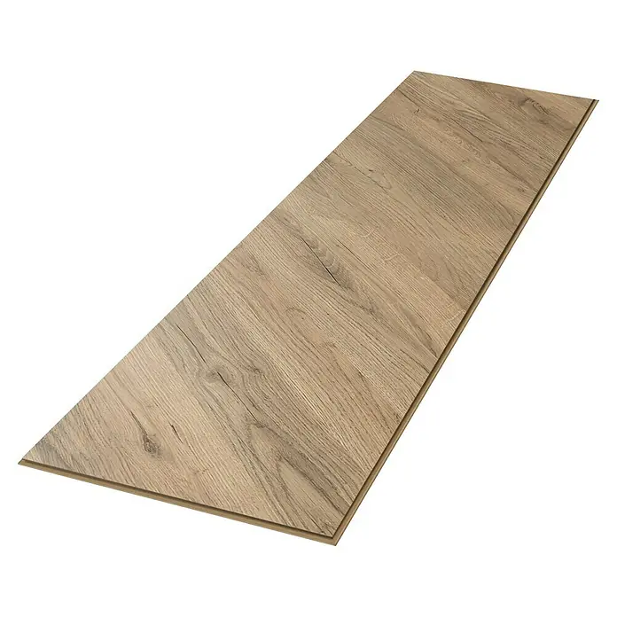 Egger Laminat NatureSense - Rillington Eiche dunkel, Fischgrät, 1.292 x 327 x 8 mm - Nahaufnahme einer Laminatdiele mit Holzmaserung, die die Textur und das Design des Bodenbelags hervorhebt. Ideal für Innenausbau und Renovierung.