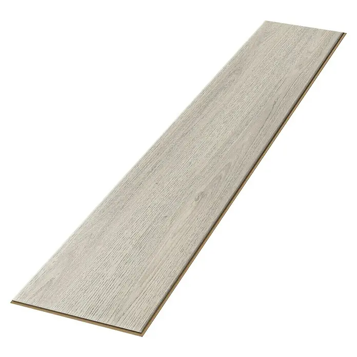Egger Laminat NatureSense - Charlotte Eiche hellgrau, Landhausdiele, 1.292 x 193 x 7 mm - Nahaufnahme einer einzelnen hellen Holzdiele, die die Maserung und Textur des Laminats zeigt. Ideal für modernes Wohndesign.