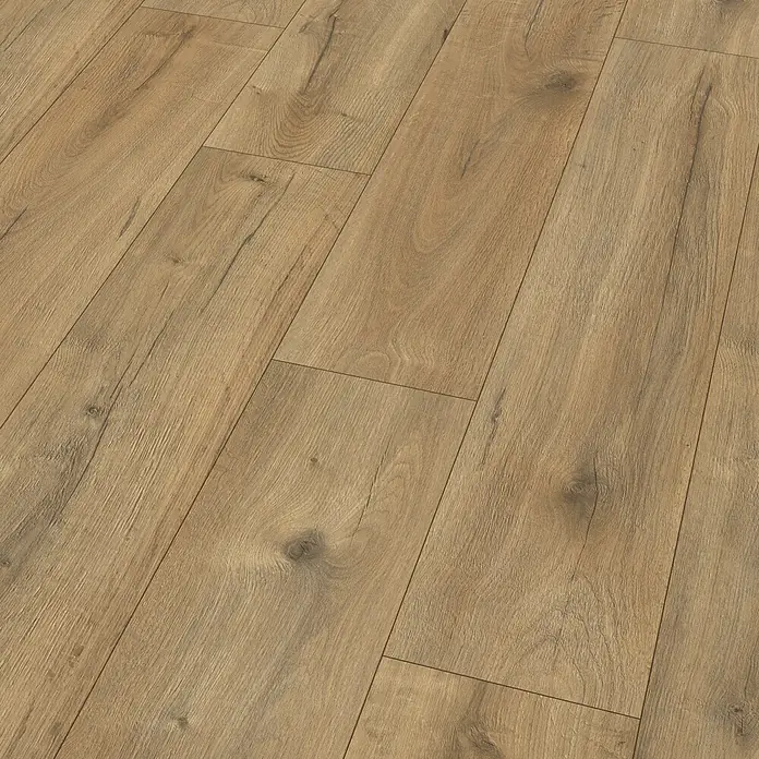 Egger Laminat NatureSense - Loja Eiche braun, Landhausdiele, 1.292 x 246 x 8 mm - Detailaufnahme von Laminatboden in warmen Holztönen, der eine rustikale und natürliche Optik vermittelt.\n