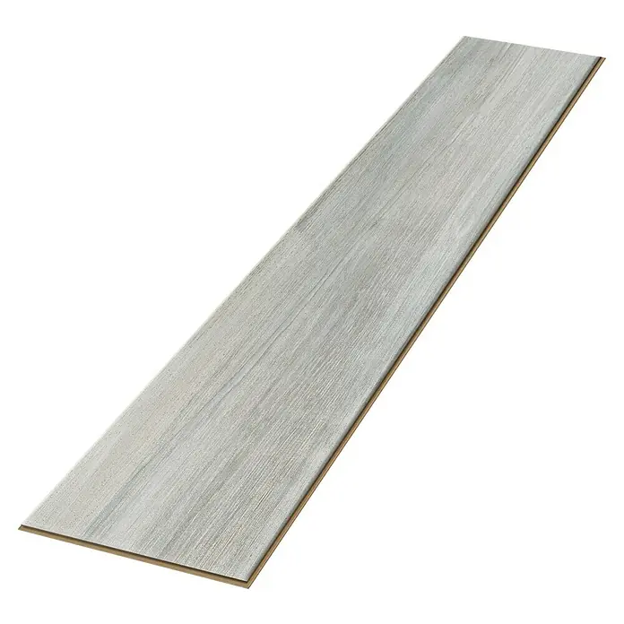 Egger Laminat NatureSense - Abergele Eiche dunkel, Landhausdiele, 1.292 x 193 x 8 mm - Nahaufnahme einer einzelnen Vinylplanke in hellgrauer Holzoptik mit Klickverbindungssystem für einfache Installation.