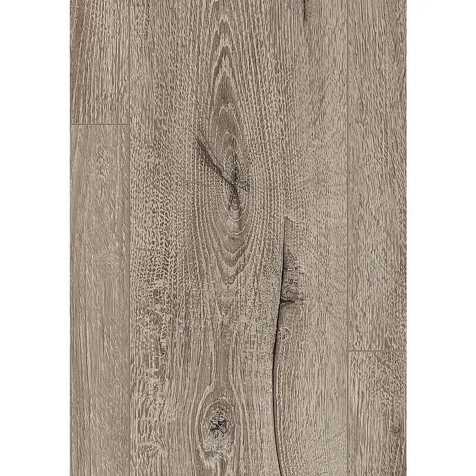 Egger Laminat NatureSense - Melba Eiche grau, Landhausdiele, 1.292 x 193 x 7 mm - Detailaufnahme von hellem Laminatboden mit Astloch und Maserung, das eine natürliche Holzoptik imitiert, ideal für Innenräume.
