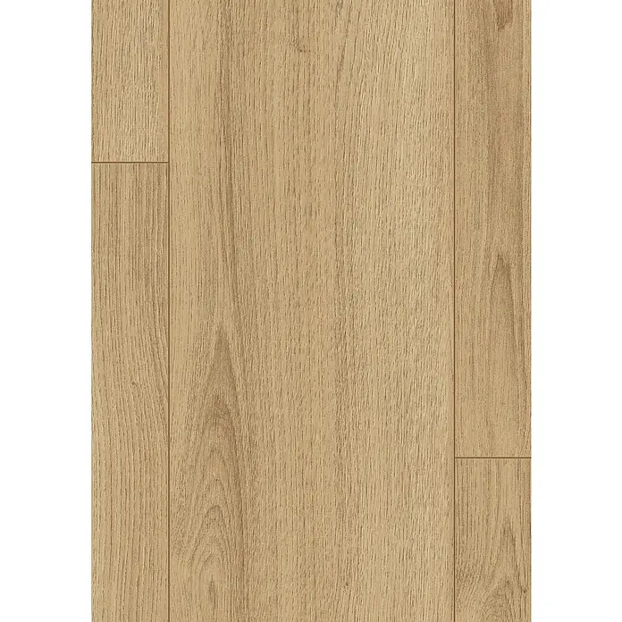Egger Laminat NatureSense - Charlotte Eiche natur, Landhausdiele, 1.292 x 193 x 7 mm - Nahaufnahme eines Laminatbodens in warmen, hellbraunen Farbtönen, der eine natürliche Holzstruktur mit feinen Maserungen zeigt.