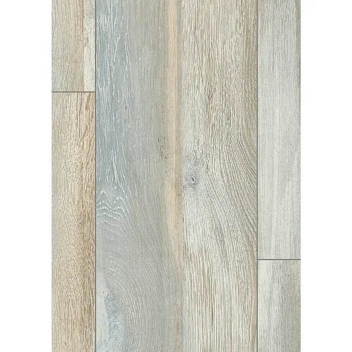 Egger Laminat NatureSense - Abergele Eiche dunkel, Landhausdiele, 1.292 x 193 x 8 mm - Nahaufnahme von strukturierten, hellen Holzpaneelen in verschiedenen Breiten und Farbtönen für den Innenbereich.