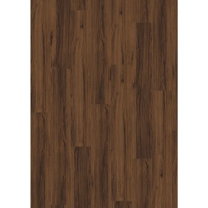Egger Laminat NatureSense - Warmia Nussbaum braun, Landhausdiele, 1.292 x 193 x 8 mm - Nahaufnahme von warmen, dunklen Holzbodenfliesen, die eine natürliche und luxuriöse Textur mit Holzmaserung präsentieren.