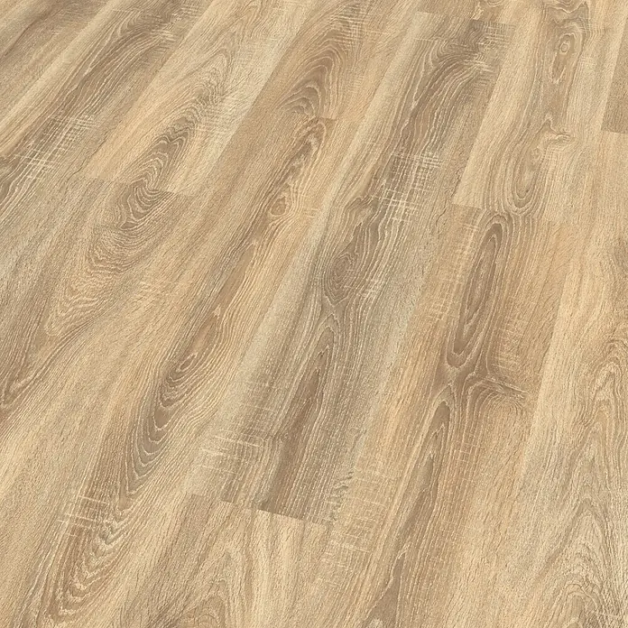 Egger Laminat NatureSense - Bardolino Eiche, Landhausdiele, 1.292 x 193 x 8 mm - Helles Laminat mit Holzmaserung. Die Dielen sind in einem Winkel angeordnet und verleihen dem Raum eine natürliche und warme Atmosphäre.