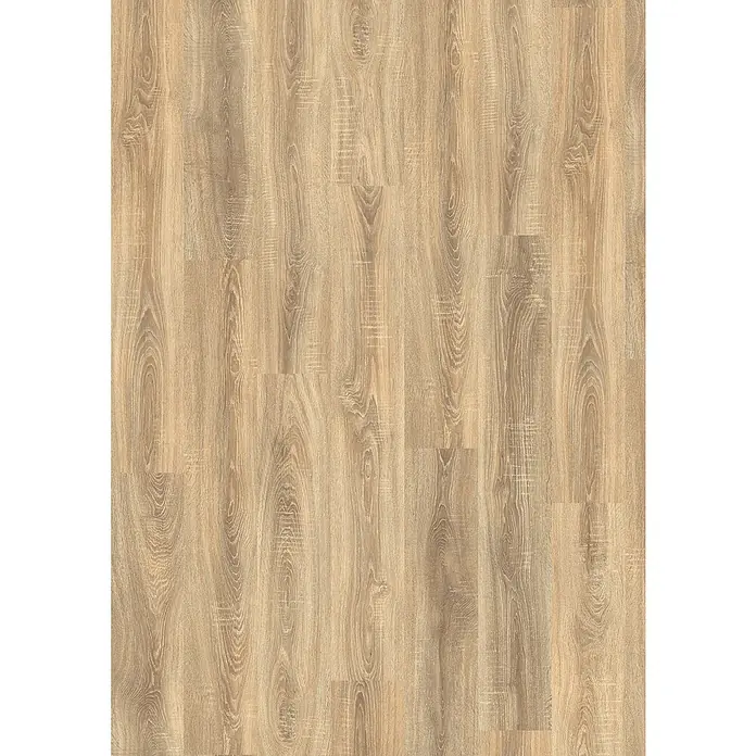 Egger Laminat NatureSense - Bardolino Eiche, Landhausdiele, 1.292 x 193 x 8 mm - Eine Nahaufnahme eines schönen, strapazierfähigen Laminatbodens mit einer hellbraunen Holzmaserung und einer glatten Oberfläche.