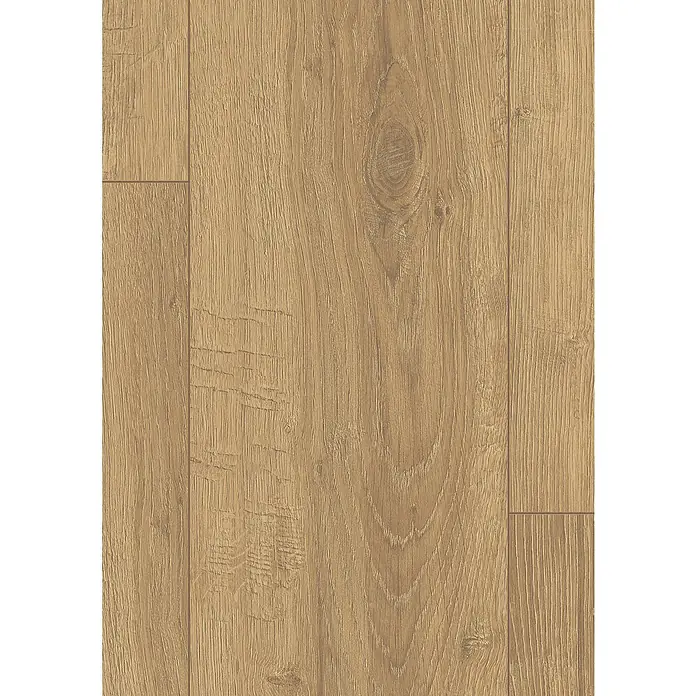 Egger Laminatmuster NatureSense Aqua - 297 x 193 x 8 mm, Landhausdiele, Sherman Eiche honig - Nahaufnahme von Laminatboden in Holzoptik. Die Holzstruktur verleiht dem Boden ein natürliches und warmes Aussehen.