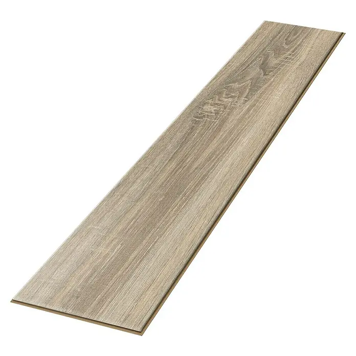 Egger Laminat NatureSense - Bardolino Eiche grau, Landhausdiele, 1.292 x 193 x 7 mm - Nahaufnahme eines einzelnen Laminatbodens mit hellbrauner Holzoptik. Die Platte liegt diagonal vor einem schwarzen Hintergrund.