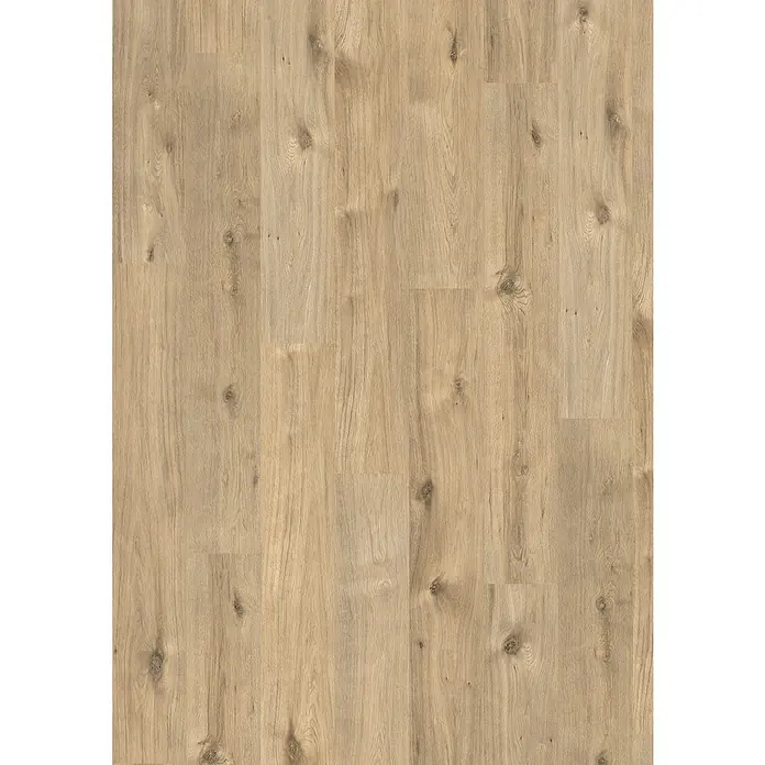 Egger Laminat NatureSense - Achensee Eiche, Landhausdiele, 1.292 x 193 x 7 mm - Detailaufnahme eines hellen Holzfußbodens mit sichtbarer Maserung und Astlöchern. Natürliche Optik für ein warmes Ambiente.