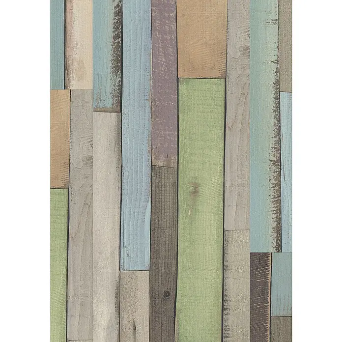 Egger Laminat NatureSense - Dimas Wood bunt, Schiffsboden, 1.292 x 193 x 7 mm - Vintage-Holzwand-Tapete mit verschiedenen Farben und Texturen, die ein rustikales und charmantes Ambiente vermittelt.