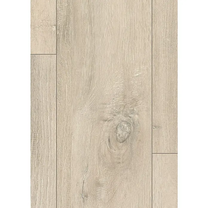 Egger Laminat NatureSense - Kreideeiche, Landhausdiele, 1.292 x 193 x 7 mm - Hochformatige Aufnahme von hellem Laminatboden mit Holzmaserung und Astlöchern, ideal für moderne Innenräume.