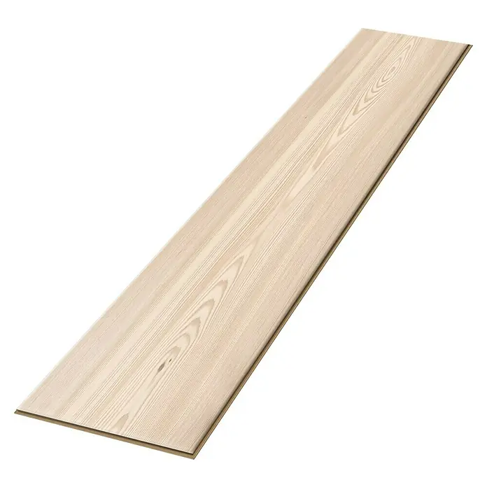 Egger Laminat NatureSense - Alexandria Pinie, Landhausdiele, 1.292 x 193 x 7 mm - Nahaufnahme einer einzelnen, hellen Holzdiele mit deutlicher Maserung und Nut-und-Feder-Verbindung.