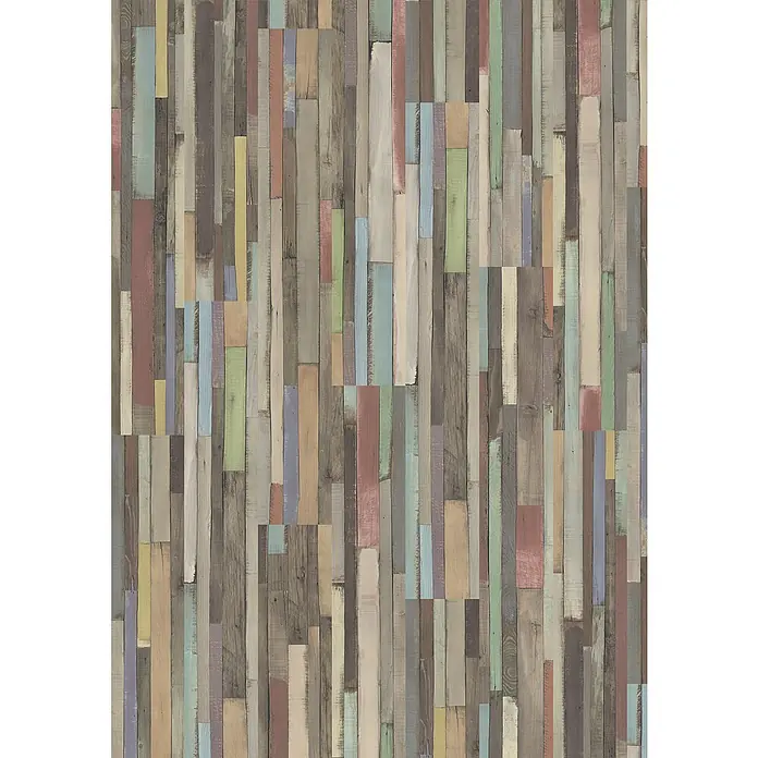 Egger Laminat NatureSense - Dimas Wood bunt, Schiffsboden, 1.292 x 193 x 7 mm - Wandbild aus bunten Holzpaneelen, die vertikal angeordnet sind und eine rustikale und künstlerische Optik erzeugen.\n