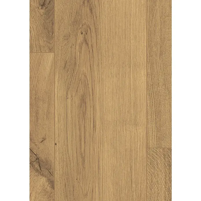Egger Laminat NatureSense Aqua - Lausanne Eiche natur, Landhausdiele, 1.292 x 193 x 10 mm - Nahaufnahme von Laminatboden in warmen Holztönen, der eine natürliche und robuste Oberfläche zeigt.