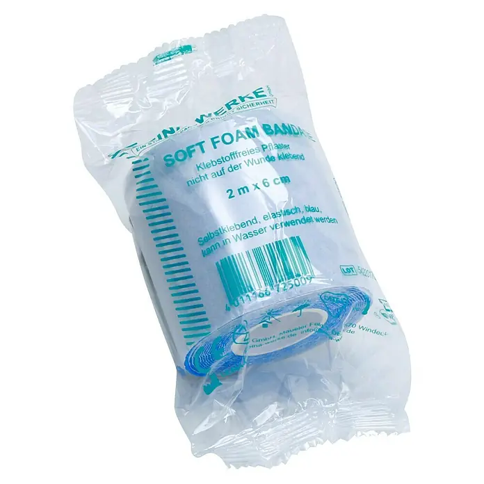 Leina-Werke Pflaster Soft Foam Bandage - 2 m x 6 cm, Blau - Bild einer verpackten, blauen, selbstklebenden Soft Foam Bandage (2 m x 6 cm).