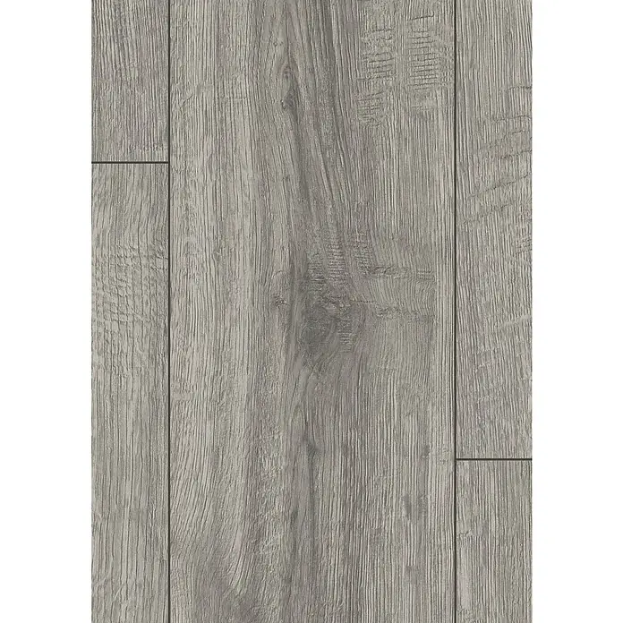 Egger Laminat NatureSense Aqua - Sherman Eiche hellgrau, Landhausdiele, 1.292 x 193 x 8 mm - Nahaufnahme von strukturiertem, grauem Laminatbodenbelag, der ein rustikales, modernes Design für jeden Raum bietet.