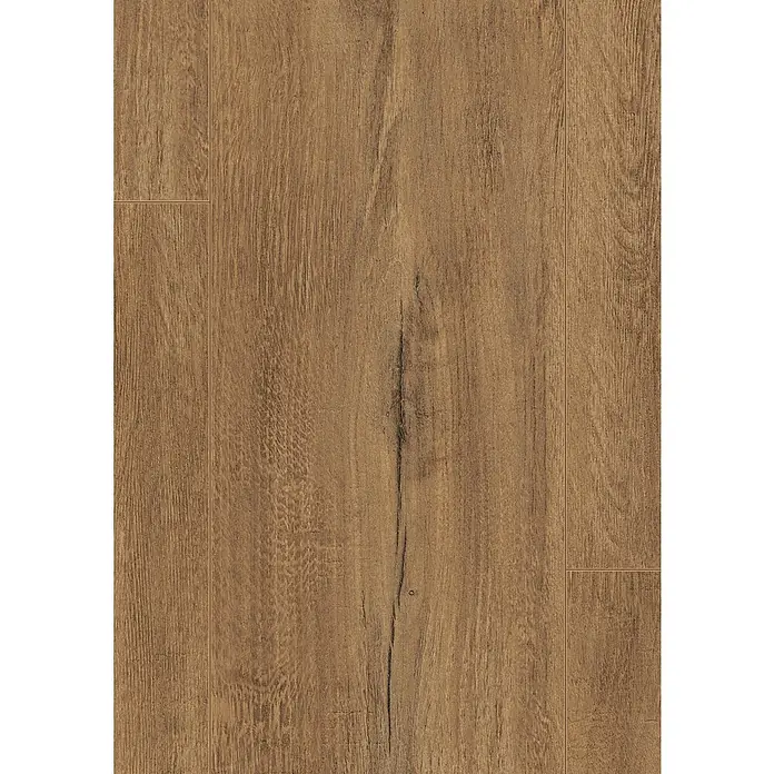 Egger Laminat NatureSense Aqua - Melba Eiche braun, Landhausdiele, 1.292 x 193 x 8 mm - Detailaufnahme von Laminatfußboden in warmen Brauntönen, der eine natürliche Holzoptik mit feinen Maserungen und Astlöchern imitiert.