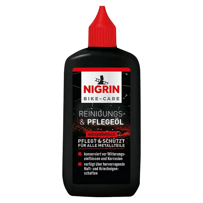 Nigrin Reinigungs- & Pflegeöl - 100 ml - Das Nigrin Bike-Care Reinigungs- und Pflegeöl in einer schwarzen Flasche mit rotem Verschluss ist ein vollsynthetisches Öl für alle Metallteile.