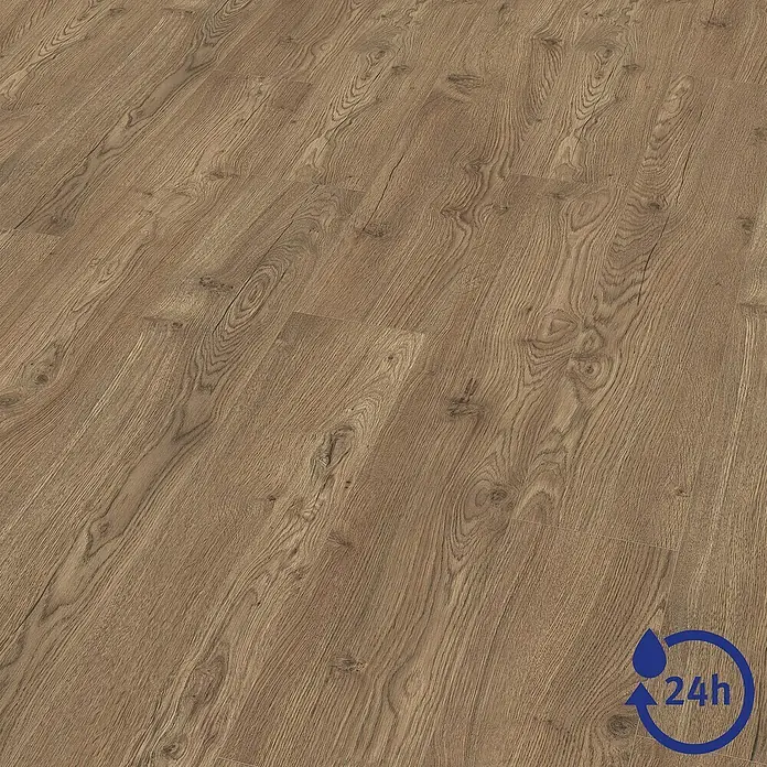 Egger Laminat NatureSense Aqua - Olchon Eiche rauch, Landhausdiele, 1.292 x 193 x 10 mm - Nahaufnahme eines wasserabweisenden Laminatbodens mit Holzstruktur, ideal für Feuchträume und langlebige Bodenbeläge.