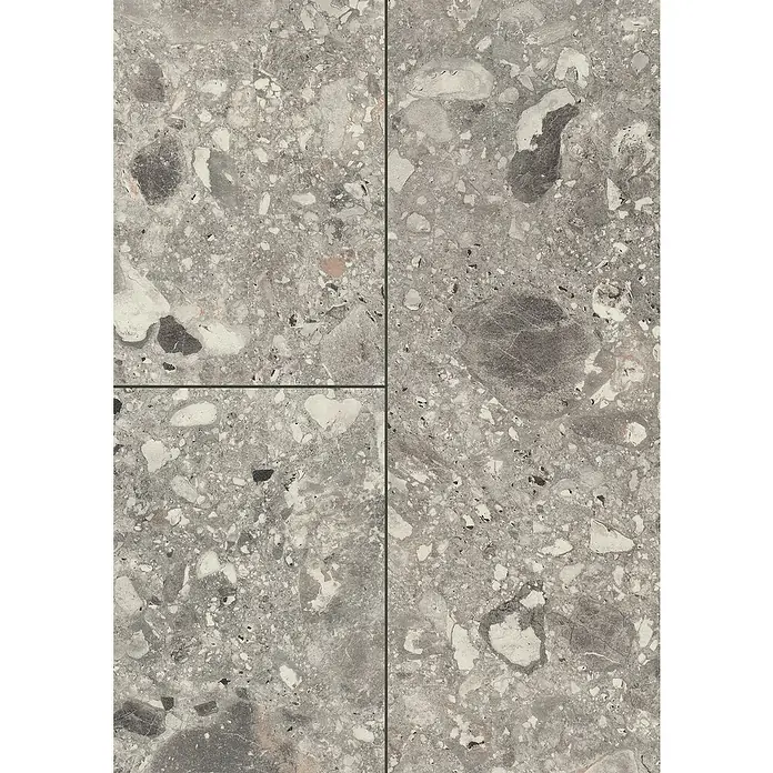 Egger Laminatmuster NatureSense Aqua - 297 x 327 x 8 mm, Fliesenoptik, Triestino Terrazzo grau - Nahaufnahme von vier grauen Terrazzoplatten. Ideal für Boden- und Wandbeläge, die ein modernes und stilvolles Ambiente schaffen.