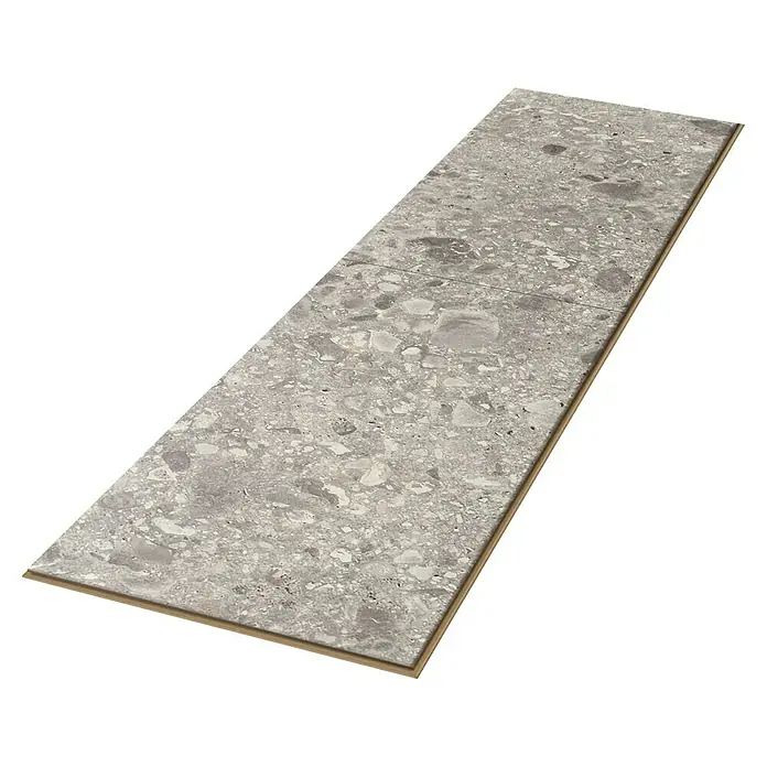Egger Laminat NatureSense Aqua - Triestino Terrazzo grau, 1.292 x 327 x 8 mm - Keramikfliese mit einer einzigartigen Marmorstruktur in Grau- und Weißtönen. Diese Fliese verleiht jedem Raum Eleganz und Modernität.