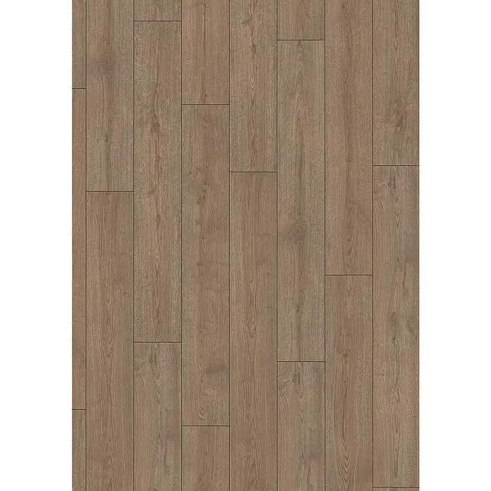Egger Laminat NatureSense Aqua - Turin Eiche braun, Landhausdiele, 1.292 x 193 x 8 mm - Laminatboden in Holzoptik. Das Laminat hat eine helle Holzfarbe und eine deutliche Holzstruktur, die eine warme und natürliche Atmosphäre schafft.