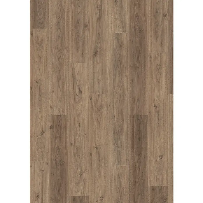 Egger Laminat NatureSense Aqua - Langley Nussbaum hell, Landhausdiele, 1.292 x 193 x 8 mm - Bild eines Laminatbodens mit einem realistischen Holzmaserungsmuster in warmen Brauntönen, ideal für eine gemütliche Raumgestaltung.