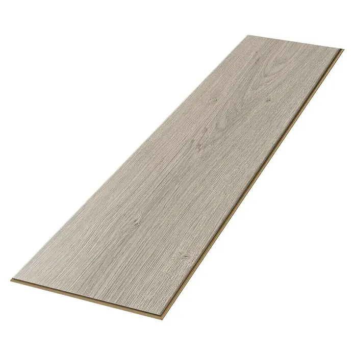 Egger Laminat NatureSense Aqua - Victoria Eiche hellgrau, Landhausdiele, 1.292 x 246 x 8 mm - Detailaufnahme eines Laminatbodens in hellem Holzdesign, ideal für moderne Inneneinrichtungen. Die Oberfläche ist detailreich und strapazierfähig.