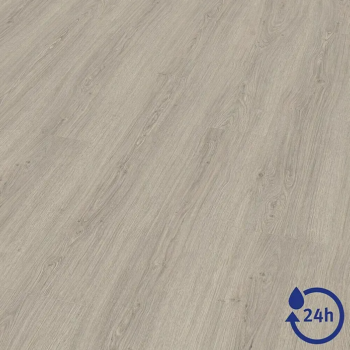 Egger Laminat NatureSense Aqua - Victoria Eiche hellgrau, Landhausdiele, 1.292 x 246 x 8 mm - Nahaufnahme des Holzdekors eines wasserfesten Laminatbodens, der für eine Feuchtigkeitsbeständigkeit von 24 Stunden ausgelegt ist.
