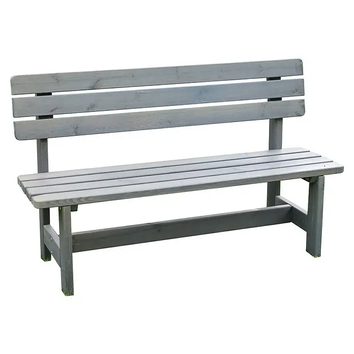 Promadino Gartenbank Summer - B x T x H: 150 x 51 x 90 cm, Kiefer, Grau - Eine graue Holzbank mit Rückenlehne vor einem neutralen Hintergrund. Die Bank wirkt einladend und stabil.